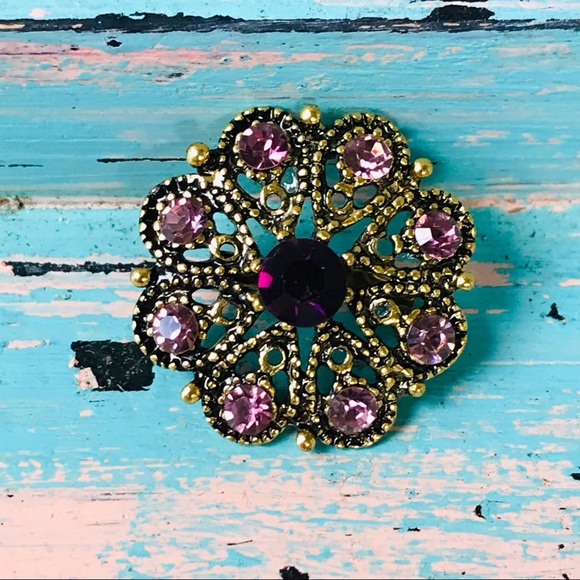 Vintage Inspired Gramacore Style Purple & Gold-Tone Crystal Brooch Pin - Picture 2 of 4